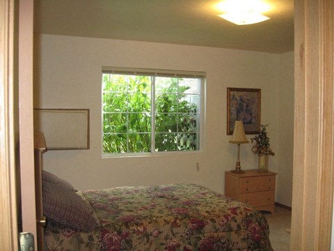 a bedroom with a bed and a large window