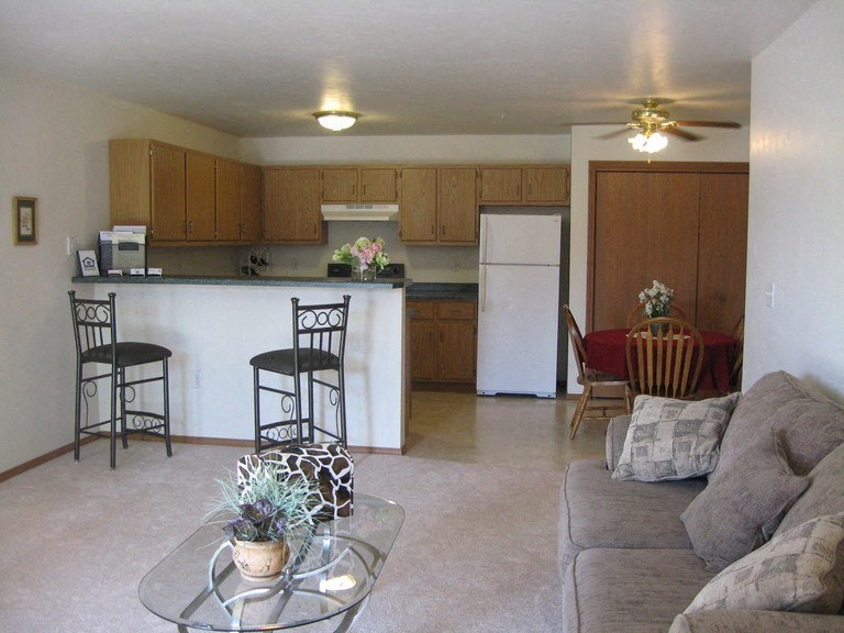 a living room and kitchen with a couch and a table