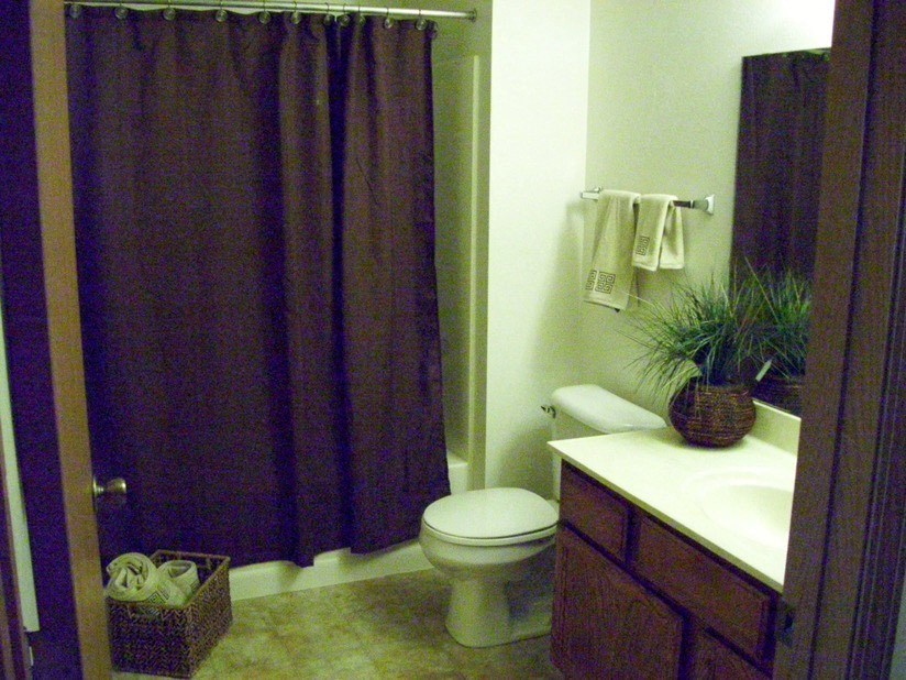a bathroom with a toilet and a black shower curtain