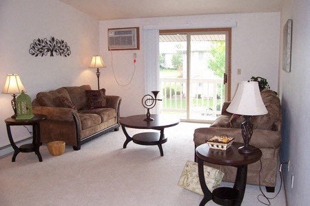 a living room with two couches and a table