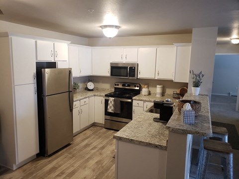 A kitchen with a refrigerator, oven, and microwave.