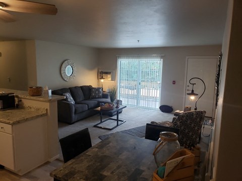 A living room with a couch, a table, and a window.