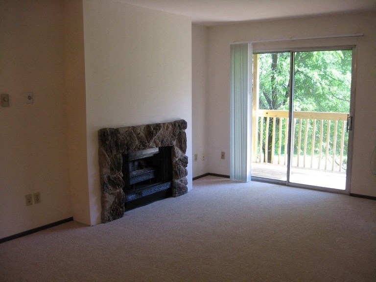 a living room with a fireplace and a sliding glass door