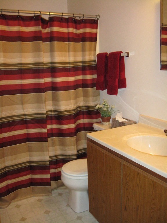 a bathroom with a shower and a sink and a toilet