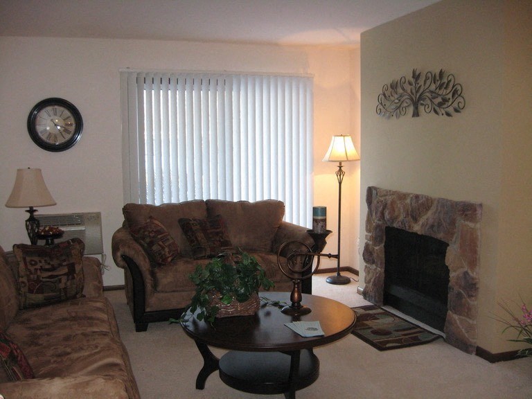 a living room with a couch and a table and a fireplace
