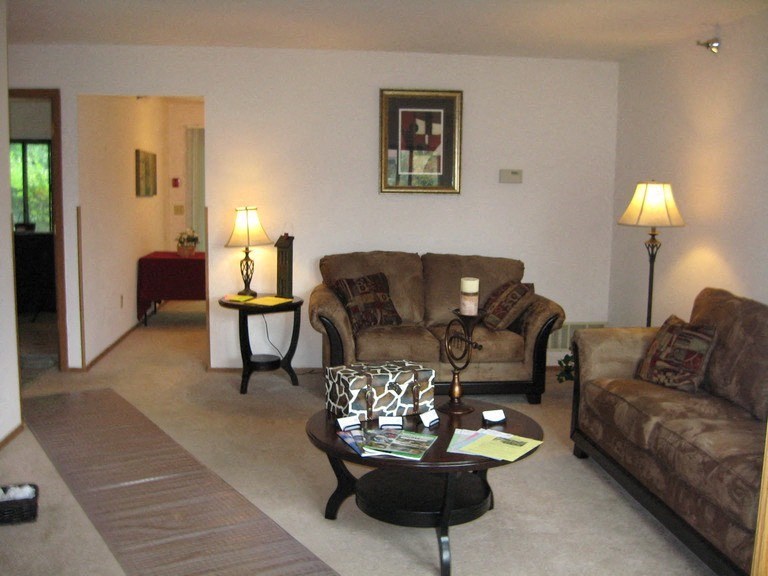 a living room with couches and a coffee table