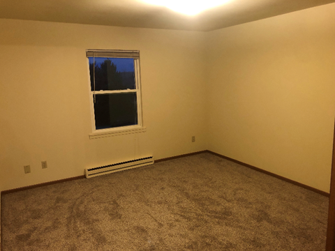 A room with a carpeted floor and a window.