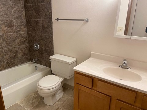 a bathroom with a sink toilet and a bath tub