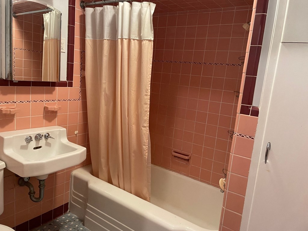 a bathroom with a tub and a sink and a mirror