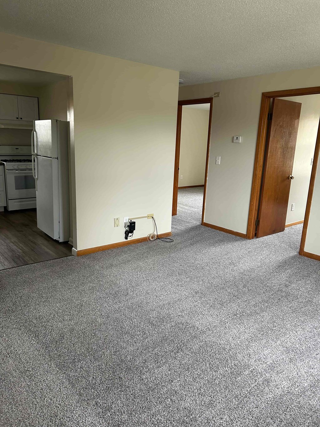 A kitchen with a refrigerator and a carpeted floor.