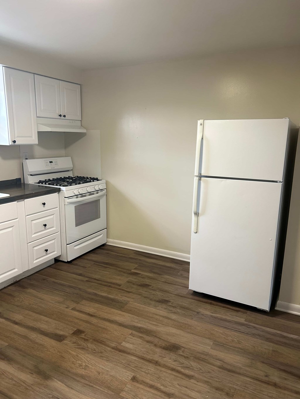 A kitchen with a white fridge, stove and cabinets.