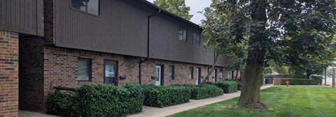A tree is in front of a building with a green lawn.