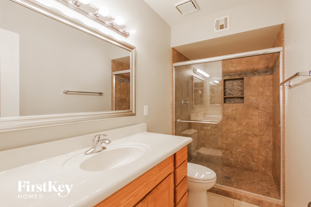 a bathroom with a sink and a shower and a toilet