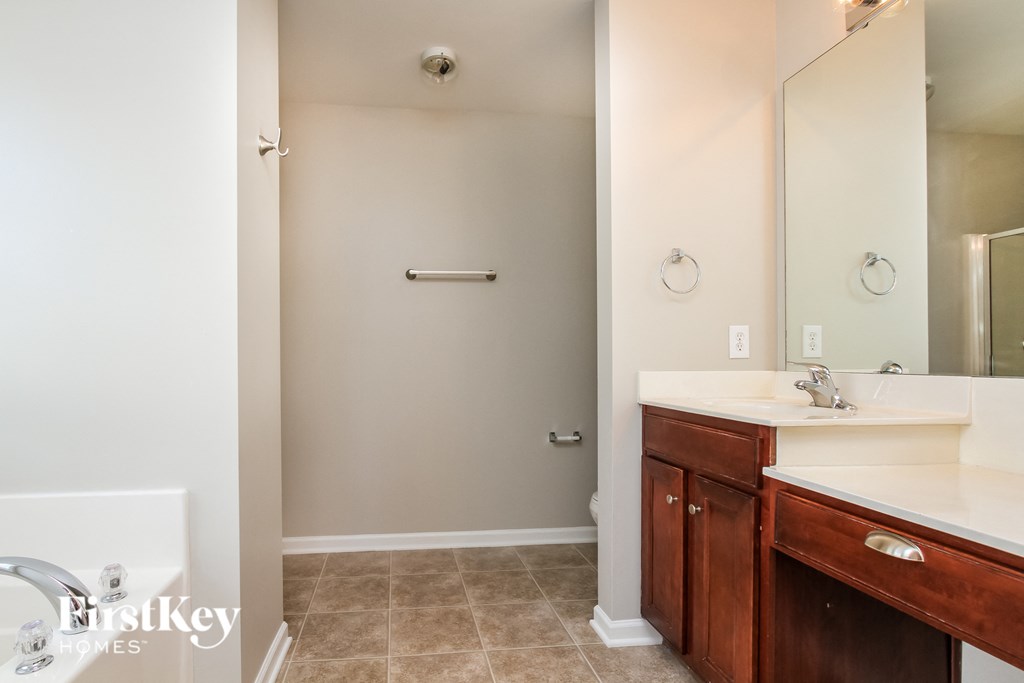 a bathroom with a sink and a mirror and a shower
