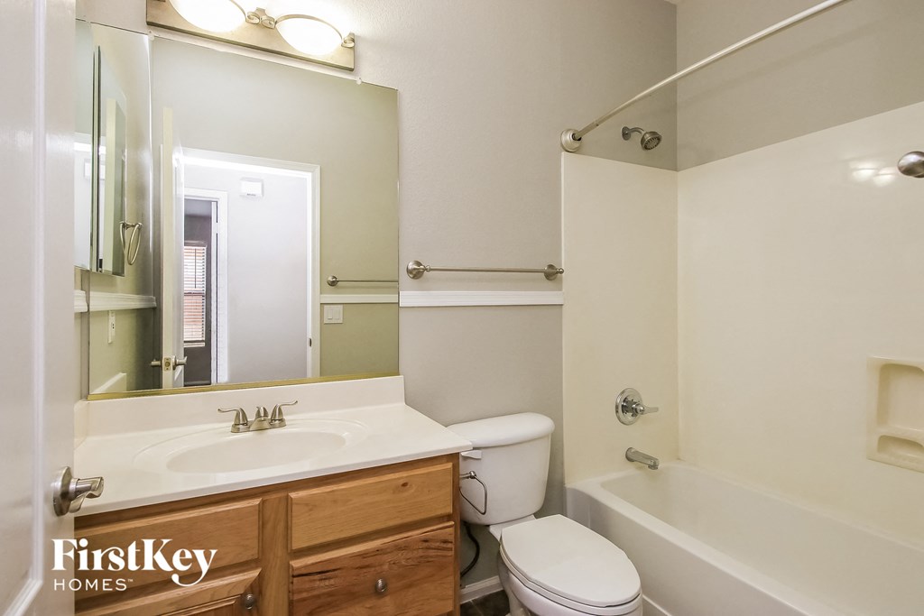 a bathroom with a sink and a toilet and a bath tub