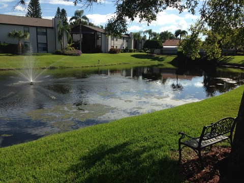 a pond with a bench in front of a building