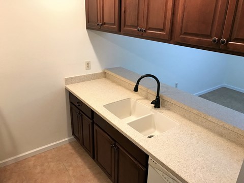 a kitchen with a sink and wooden cabinets