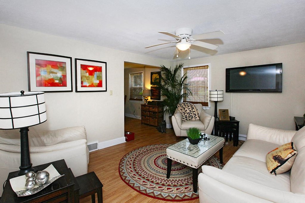 a living room filled with furniture and a ceiling fan