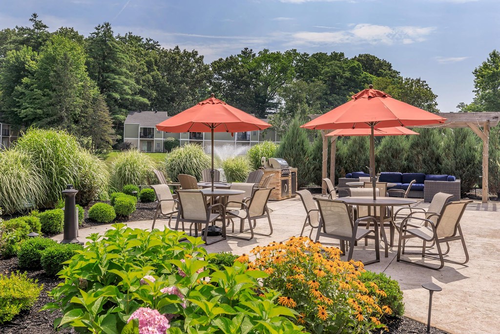 a patio with tables and chairs and umbrellas