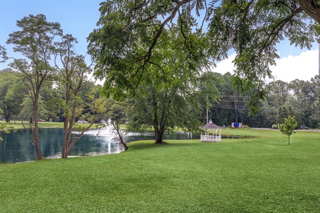 a park with a pond and a gazebo