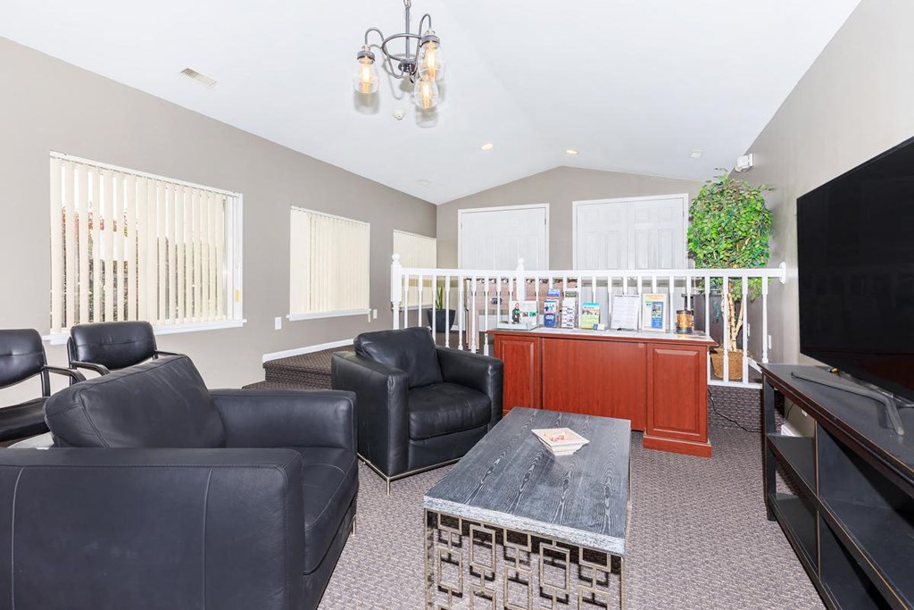 a living room with black leather furniture and a tv