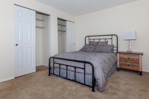 a bedroom with a bed and a closet