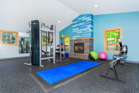 a gym with a pool and weights and a fireplace