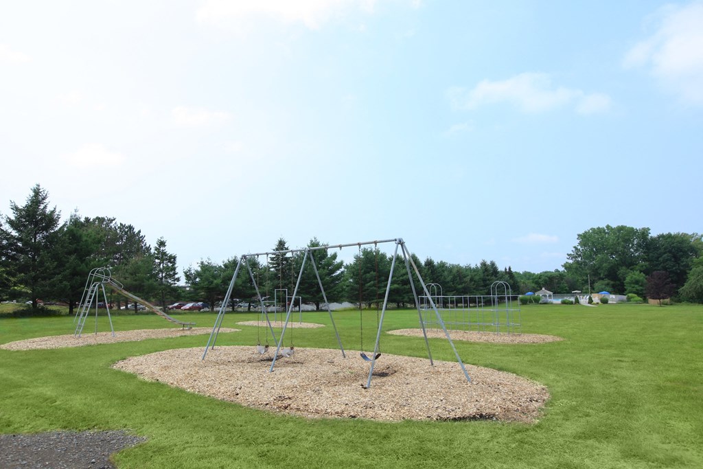 a swing set in the middle of a park
