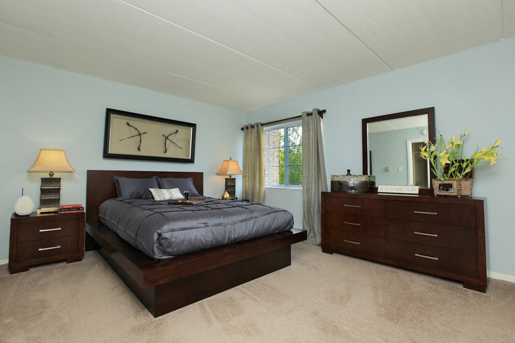 a bedroom with a bed and dressers in it