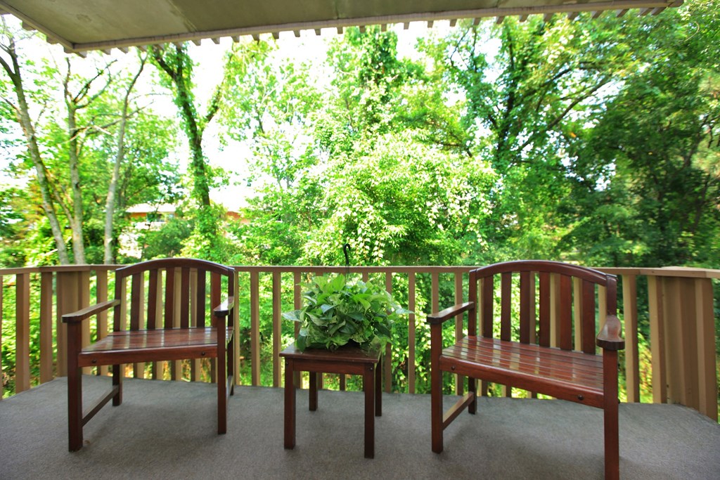 a porch with two wooden chairs and a potted plant