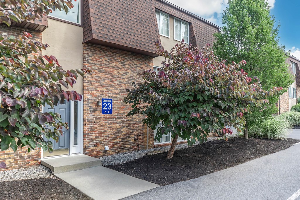 a side view of a building with a tree in front of it