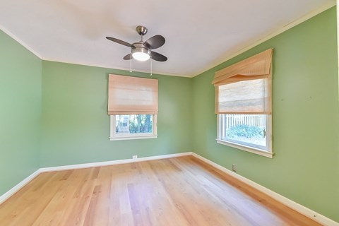 an empty room with green walls and a ceiling fan
