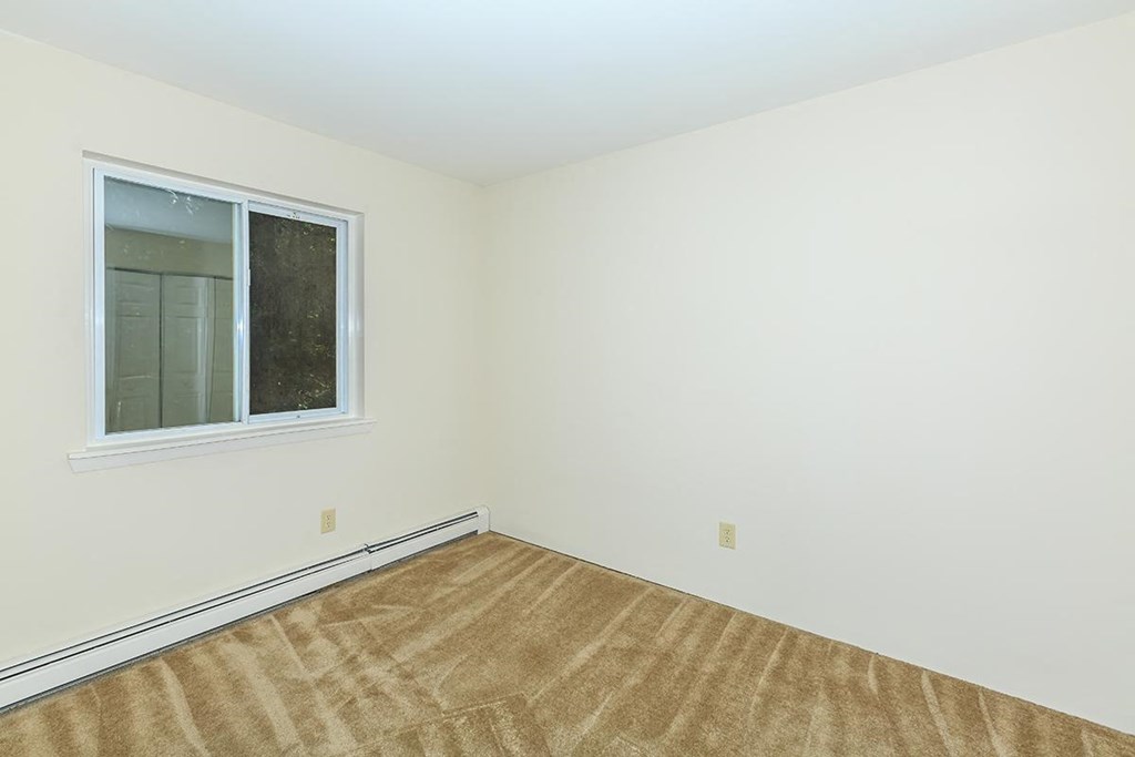 an empty room with a window and carpet