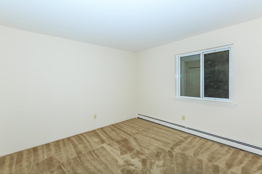 an empty room with a window and carpet