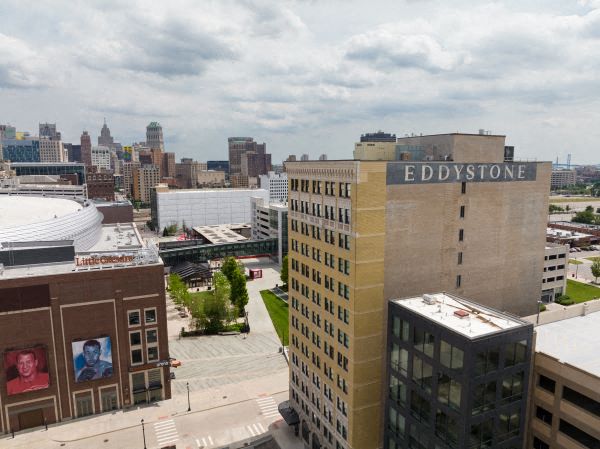a view of the city from the roof of a building