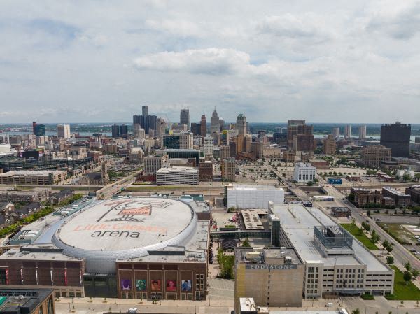 a view of the arena and the city