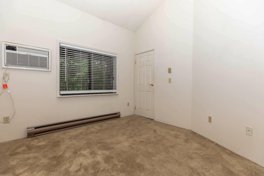 a room with carpet and a door and a window