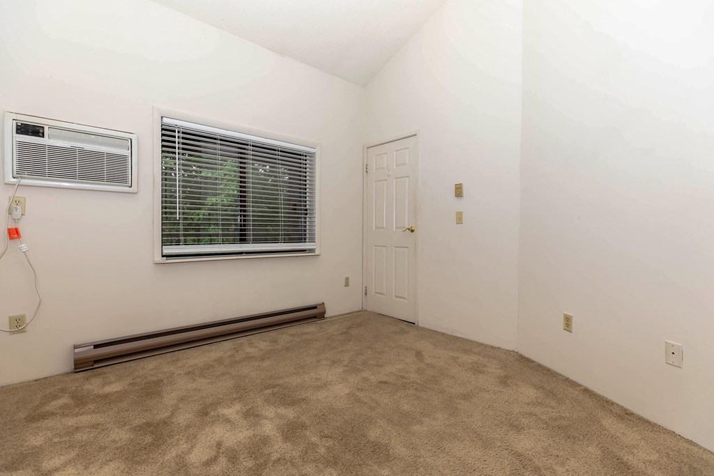a room with carpet and a door and a window