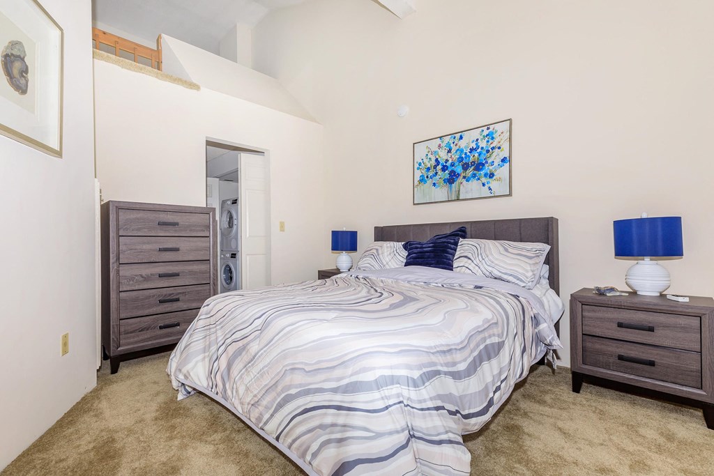 a bedroom with a bed and a closet