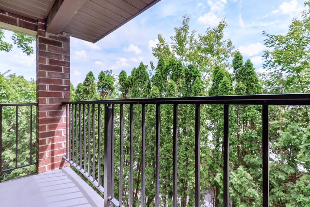the view of the trees from the balcony of a condo