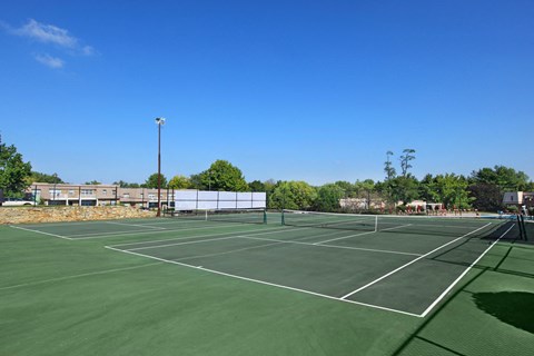 two tennis courts on a green court with trees and a blue sky