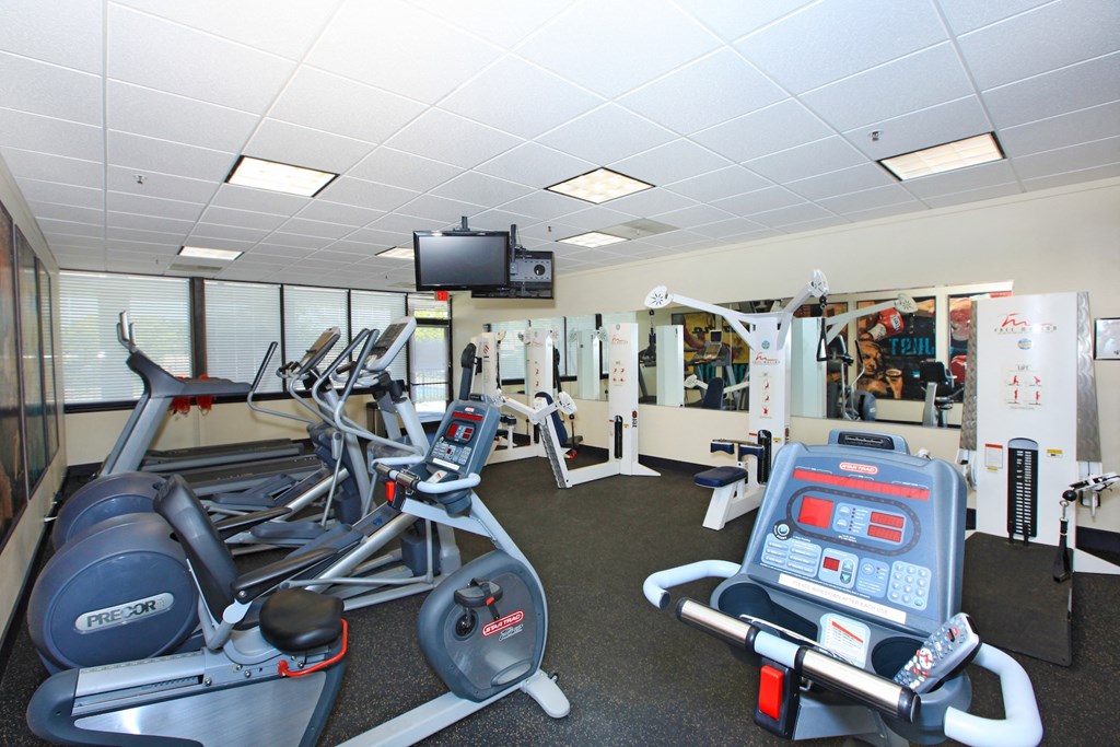a gym with various exercise equipment and a tv