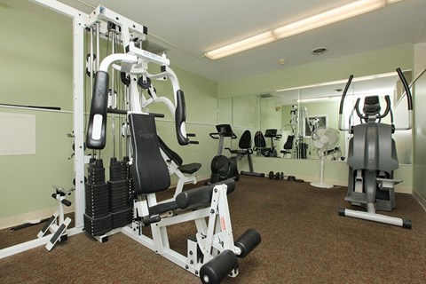 a gym with weights and other equipment in a building