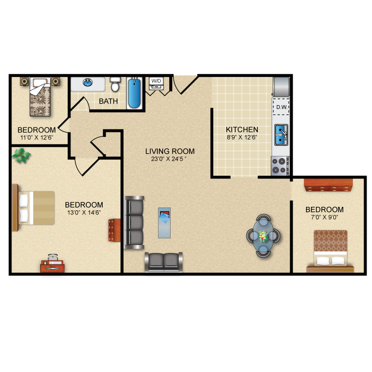 2 Bedroom 1 Bath + Den