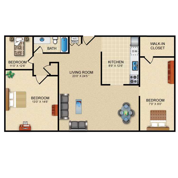 2 Bedroom 1 Bath Deluxe + Den