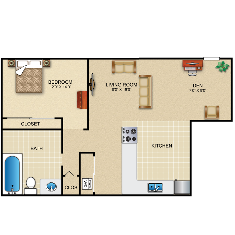 1 Bedroom 1 Bath + Den