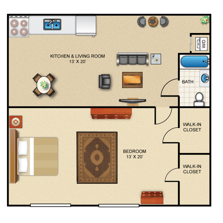 1 Bedroom 1 Bath Floor Plan 2