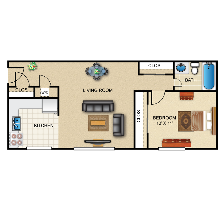 1 Bedroom 1 Bath Deluxe Floor Plan 3