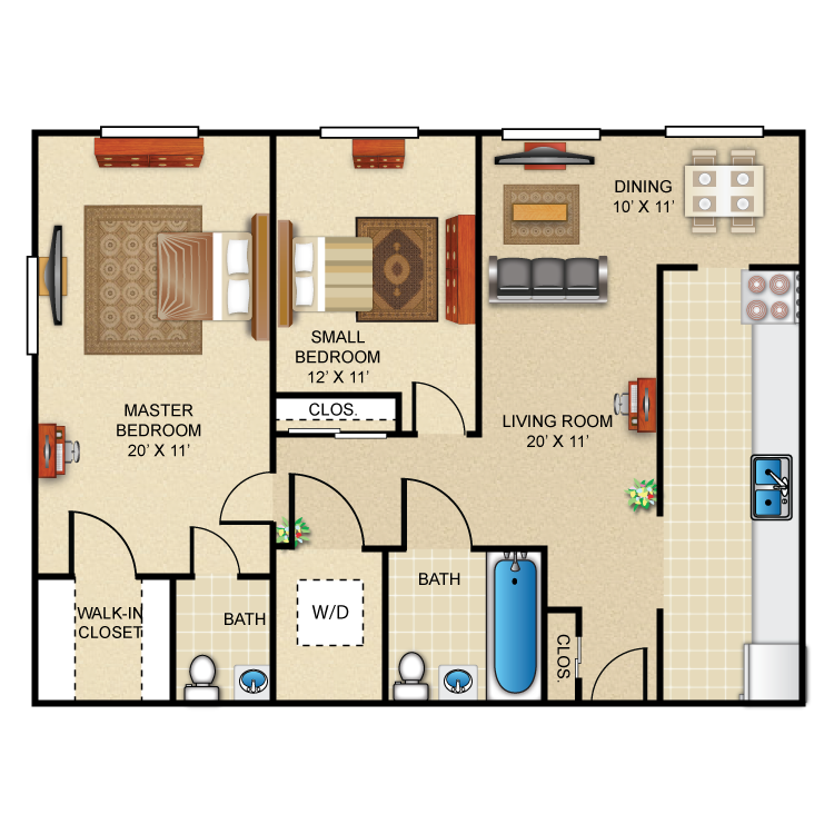 2 Bed 1.5 Bath Deluxe Floor Plan 8