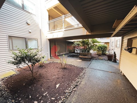 A small tree is in a mulched garden area.